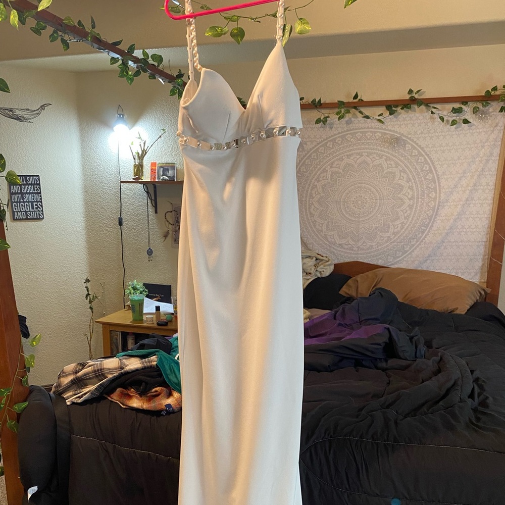 Macy's Elegant White Dress with Silver Accents